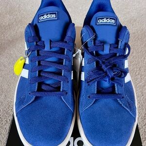 NEW Adidas Grand Court Blue Suede Sneakers White Stripes